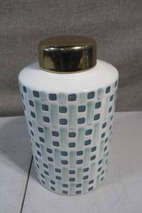 lot 41 image: Sagebrook Home Ceramic 9 Jar With Gold Lid, GreenWhite