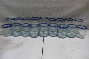 lot 61 image: Set of 18 Hand Blown Glasses Blue Rimmed