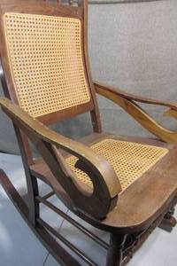 lot 124 image: Wooden Rocking Chair with Wicker Seating and Back