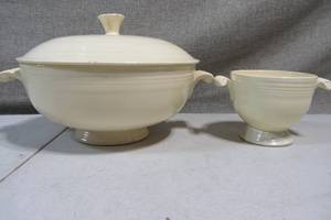 lot 131 image: Hand Crafted Ceramic Serving Bowl and Sugar Bowl Made in USA