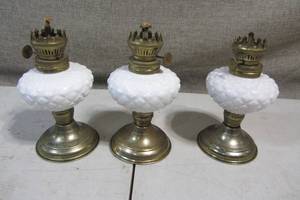 lot 135 image: Set of 3 White Ceramic Kerosene Lanterns w Brass Finish