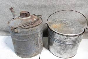lot 201 image: Vintage Tin Pale and Can w Spigot