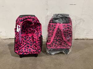 lot 163 image: LOT OF 2 Rockland Magenta Leopard Double Handle Rolling Backpack