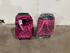 lot 164 image: LOT OF 2 Rockland Magenta Leopard Double Handle Rolling Backpack
