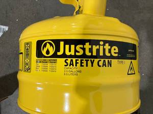 lot 198 image: Justrite 2.5 Gallon Yellow Steel Diesel Saftey Can with Flame Arrester