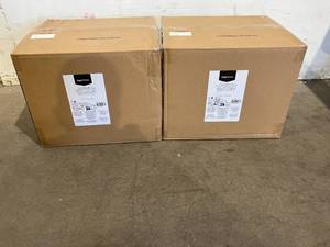 lot 203 image: LOT OF 2 Amazon Basics Dual Post Beige Carpeted Indoor Cat Tree Tower With Cave