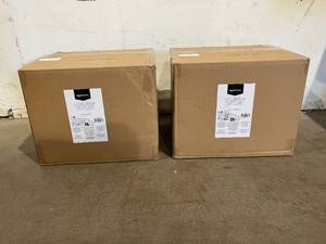 lot 204 image: LOT OF 2 Amazon Basics Dual Post Beige Carpeted Indoor Cat Tree Tower With Cave