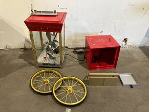 lot 201 image: Olde Midway Red Vintage Style Popcorn Making Machine with 8-Ounce Kettle and Cart