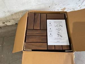 lot 123 image: Beefurni Acacia Hardwood IndoorOutdoor Interlocking Case of 10 Patio Deck Tiles
