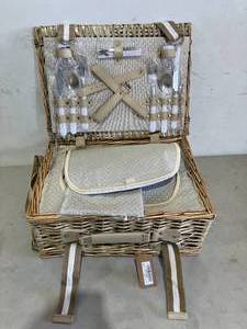 lot 248 image: Rurality Tan Polka Dot 19-Piece Wicker Picnic Basket Set for 2 with Waterproof Blanket, Wine Pouch and Cutlery