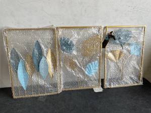 lot 384 image: Rebala 3-Piece Gold and Blue Leaves Metal Wall Art