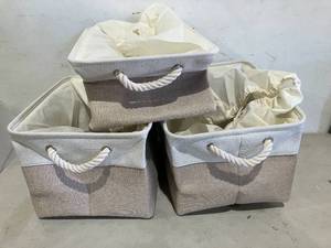 lot 330 image: Set of 3 Foldable White and Tan Fabric Storage Baskets with Drawstring Closures