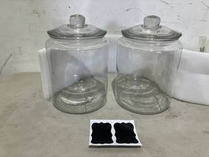 lot 56 image: Set of 2 Glass Jars with Lids and Chalkboard Sticker Lables