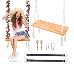 lot 451 image: Premkid White Macrame Hanging Wooden Tree Swing with Rose Garland