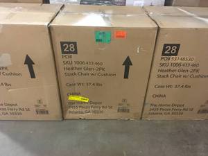 lot 16 image: Lot of 3 set  of Hampton Bay Heather Glen Metal Outdoor Dining Chairs with Stone Gray Cushions (2-Packbox) Costumer returns see Pics