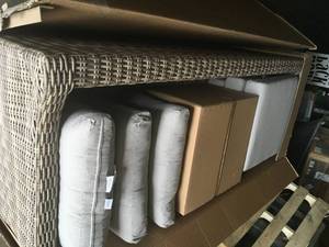 lot 18 image: Home Decorators Collection Kingsbrook Commercial Wicker Outdoor Couch with Removable Gray Cushions Costumer Returns have some damage see Pics