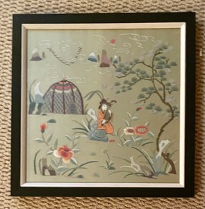 lot 101 image: Trio of Framed Vintage Asian Embroidered Silk Tapestries