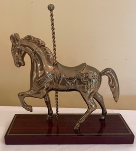 lot 278 image: Beautiful Brass Carousel Horse Displayed on Wooden Base