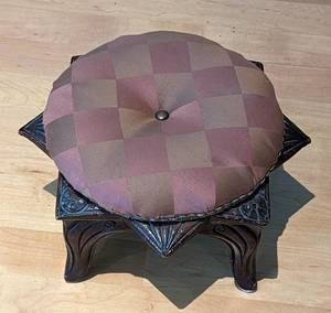 lot 77 image: Pair of Caved Wood and Purple Print Footstools