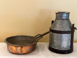 lot 316 image: Vintage Decorative Copper Pan and Tin Milk Can