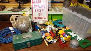 lot 894 image: Misc. Mand Lot. Light bulbs, Extension cord, funnel, knee pan and mor.