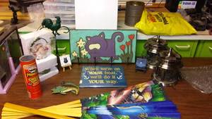 lot 72 image: Lake Cabin Dcor. Rainy Day Art, Bird Feeders (2) and Wall Dcor.