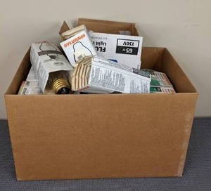 lot 144 image: Box of Light Bulbs Sylvania, FEIT Electric, Etc.