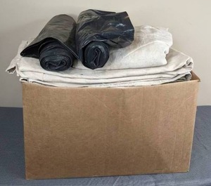 lot 122 image: Box of Painting Drop Cloths and Poly Cover Black Polyethylene Plastic Sheeting