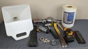 lot 130 image: Assortment of Styro Heavy Duty 9.5 in. x 150 ft. Sticky Mesh, Greenlee CM-600 Clamp Meter, Kraft EZY Deck Pro Gun, Air Powered Cut-Off Tool, Crow Bar, Etc.
