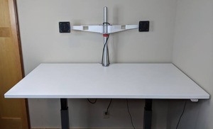 lot 17 image: Sit Stand Height-Adjustable Electric Office Desk with Dual Monitor Arms