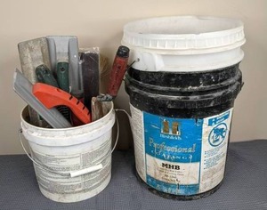 lot 67 image: Drywall Trowels, Paint Buckets, Paste Brush and More