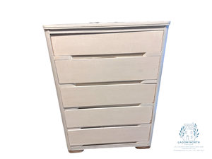 lot 185 image: Vintage Cream Colored Painted Five Drawer Dresser, Measuring 38 Wide x 20 Deep x 52 Tall