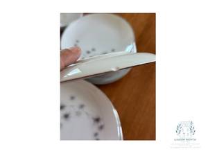 lot 54 image: Vintage Platinum Star Burst Fine China Plates, Salad Plates, Cups and Saucers by Creative