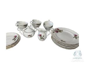lot 51 image: 1940s Fine China of Japan Royal Rose Dinner Plate with Pearl Shine Base Unique, Delicate Design & Colors With 24k Gold Trim