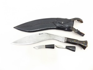 lot 31 image: Large 12 Vintage&nbspBone Handled Kukri Knife w2 Smaller Knives In Leather Sheath