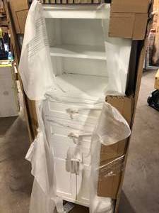 lot 35 image: Home Decorators Collection Sturgess 23 in. W x 16 in. D x 62 in. H White Linen Cabinet  Customer Returns See Pictures