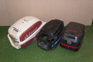 lot 94 image: 3 Outboard Boat Motor Hoods - Vintage Johnson Sea Horse