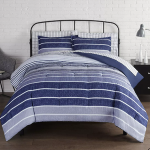 lot 64 image: Queen 7-piece set Serta Simply Clean Conrad Variegated Stripe Antimicrobial Complete Bedding Set with Sheets