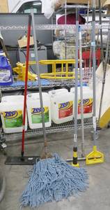 lot 90 image: All Floor utensils, scrubbing pads, ZEP polish and stripper left from last auction