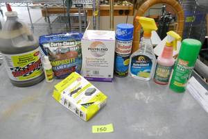 lot 150 image: Asphalt crack filler, mouse poison, glass cleaner, deck cleaner