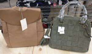 lot 164 image: Olive faux suede handbag and tan travel backpack