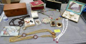 lot 192 image: Group of vintage jewelry and jewelry boxes, purse, 24 Karat gold plated set