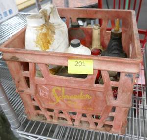 lot 201 image: Milk crate with various oils chemicals