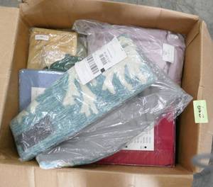 lot 239 image: Box of various linens, King sheets and bedspread, pillow shams, curtains