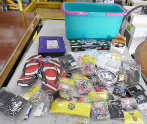 lot 242 image: Bucket of misc goodies, Loom Bands, ear rings, photo book, etc