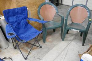 lot 246 image: Fold up camp chair and 2 outdoor chairs