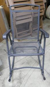lot 136 image: 2 Black Steel folding rocking chairs, Patio umbrella with stand and small table