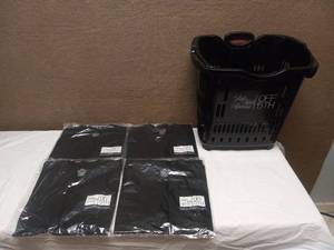 4 NEW SAKS FIFTH AVENUE T-SHIRTS SIZE LARGE AND BASKET WITH WHEELS