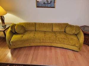 lot 4 image: MCM Velvet Green Low-Back, Curved Sofa