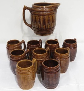 lot 33 image: 10 Piece Barrel Pitcher with Barrel Mugs